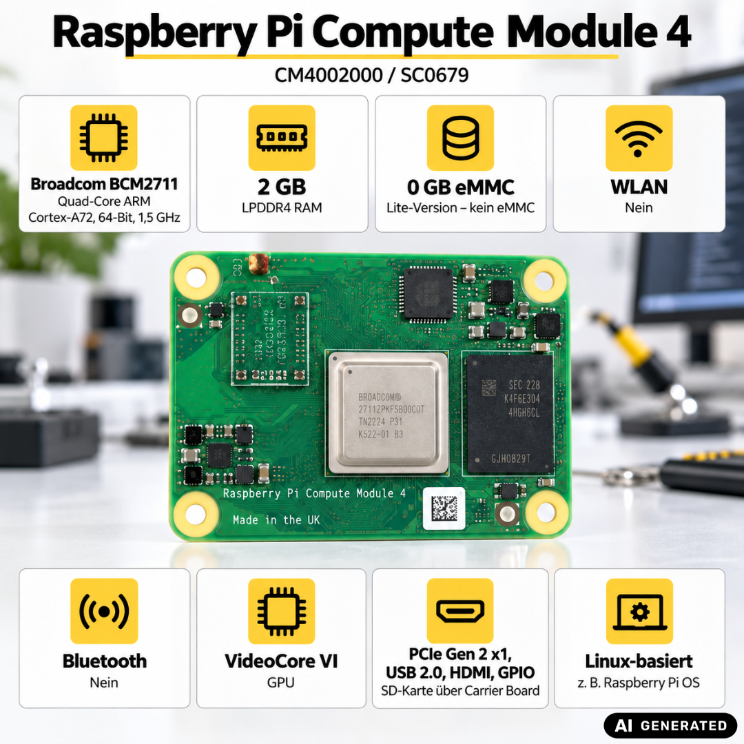Raspberry Pi Compute Module 4 | 2 GB RAM | Quad-Core ARM Cortex-A72 | Lite – ohne eMMC & Wireless | CM4002000