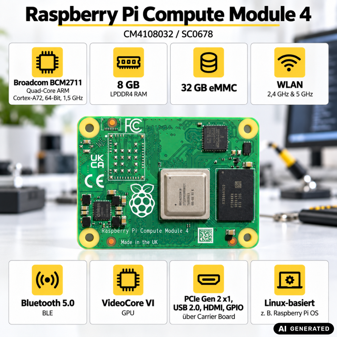 Raspberry Pi Compute Module 4 | 8 GB RAM | Quad-Core ARM Cortex-A72 |  32 GB eMMC | WLAN & Bluetooth | CM4108032